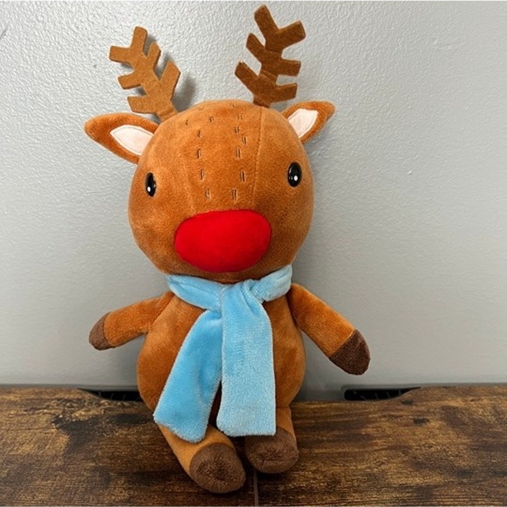 Card Factory Christmas Reindeer Plush Red Nose Blue Scarf Soft Toy 12" Brown